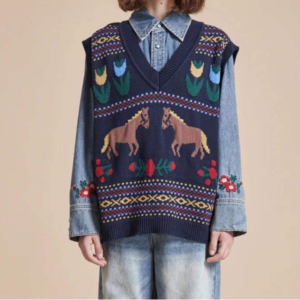 Found x Free People Blue Horse Isle‎ Cotton V-Neck Sweater Vest Distressed Large